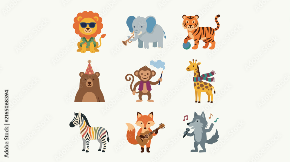 Fototapeta premium Cute cartoon animal icon set: lion with sunglasses, elephant playing trumpet, tiger with ball, bear with party hat, monkey with magic wand, giraffe