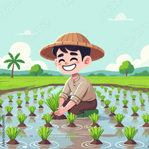 Happy Farmer Planting Rice Seedlings In Green Field Flat Pixel Art Style