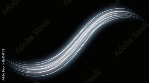 Luminous white light trails flowing in a dynamic curve against a black backdrop.