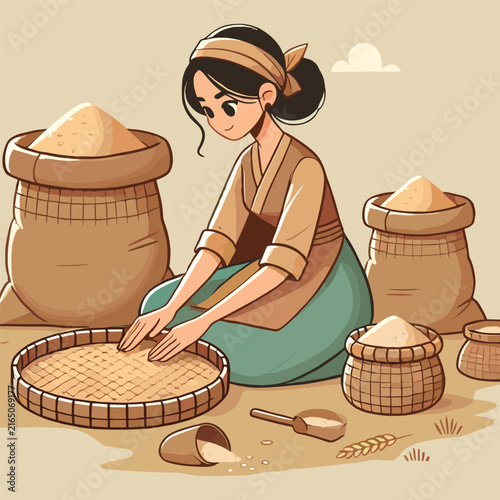 Flat Pixel Art Woman Sifting Golden Grain Harvest With Traditional Sacks In A Minimalist Landscape