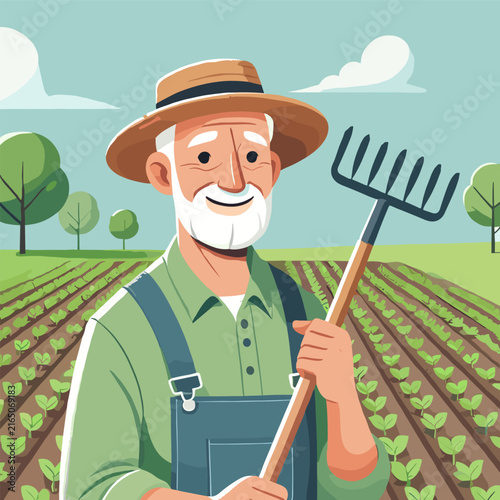 Flat Illustration Of A Senior Farmer Holding A Rake In The Field With Green Plants And Blue Sky