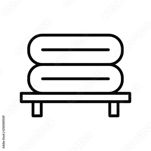 Stack of folded towels on a shelf icon, simple line art illustration representing bathroom organization and linen storage