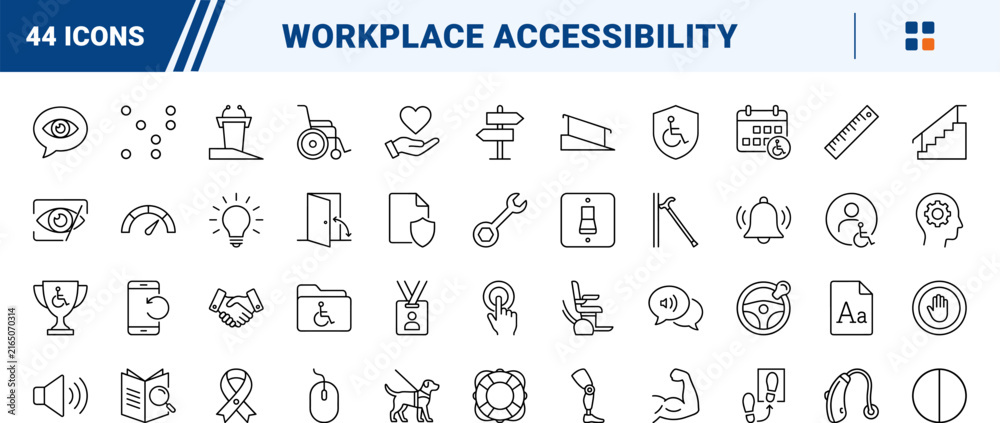 Fototapeta premium Workplace accessibility line icon set. Vector pictograms of disability, inclusion, handicap, and wheelchair elements, thin linear illustration.