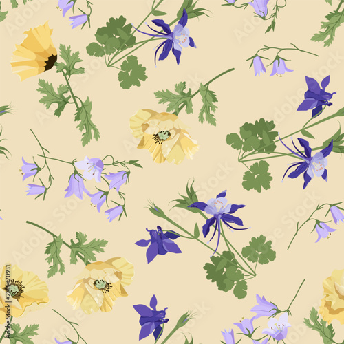 Seamless vector illustration featuring wildflowers against a beige background, perfect for decorating textiles and packaging.