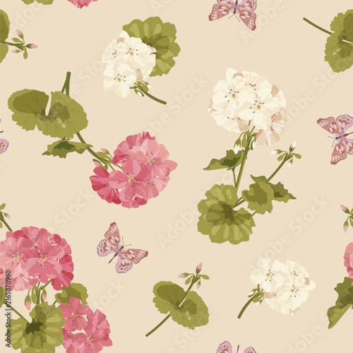 Seamless vector illustration featuring pelargonium flowers and butterflies against a light background. Suitable for use in textiles, packaging, and paper.