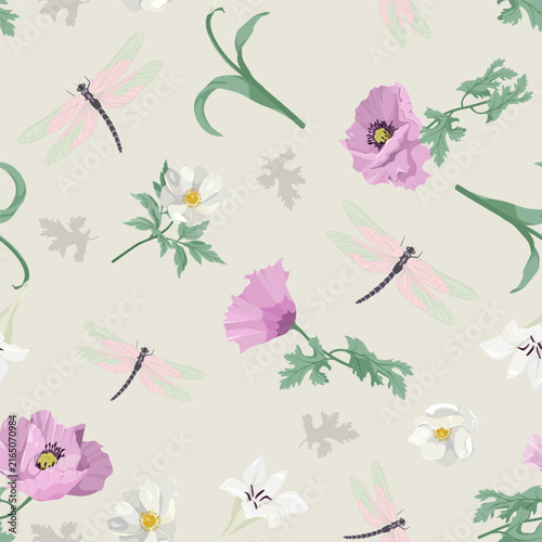 Delicate poppies, anemone, lilies and dragonflies combine to create a stunning vector illustration that would be perfect for decorating textiles or packaging.