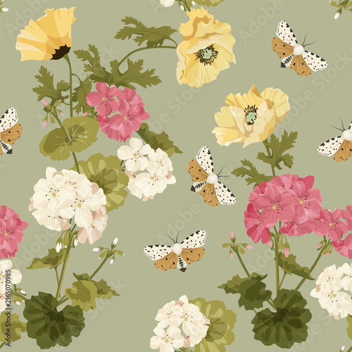 Seamless vector illustration featuring poppies, pelargonium flowers and butterflies. Suitable for use in textiles, packaging, and paper.