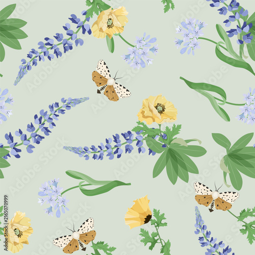 Seamless vector illustration featuring wildflowers and butterflies against a gray background, perfect for decorating textiles and packaging.