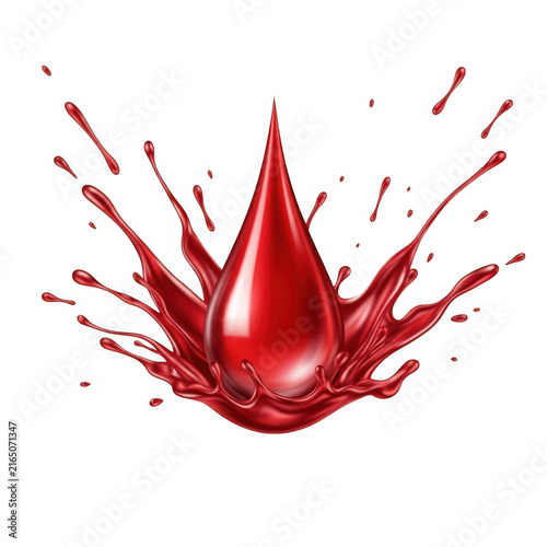 Red liquid splash with dynamic droplets