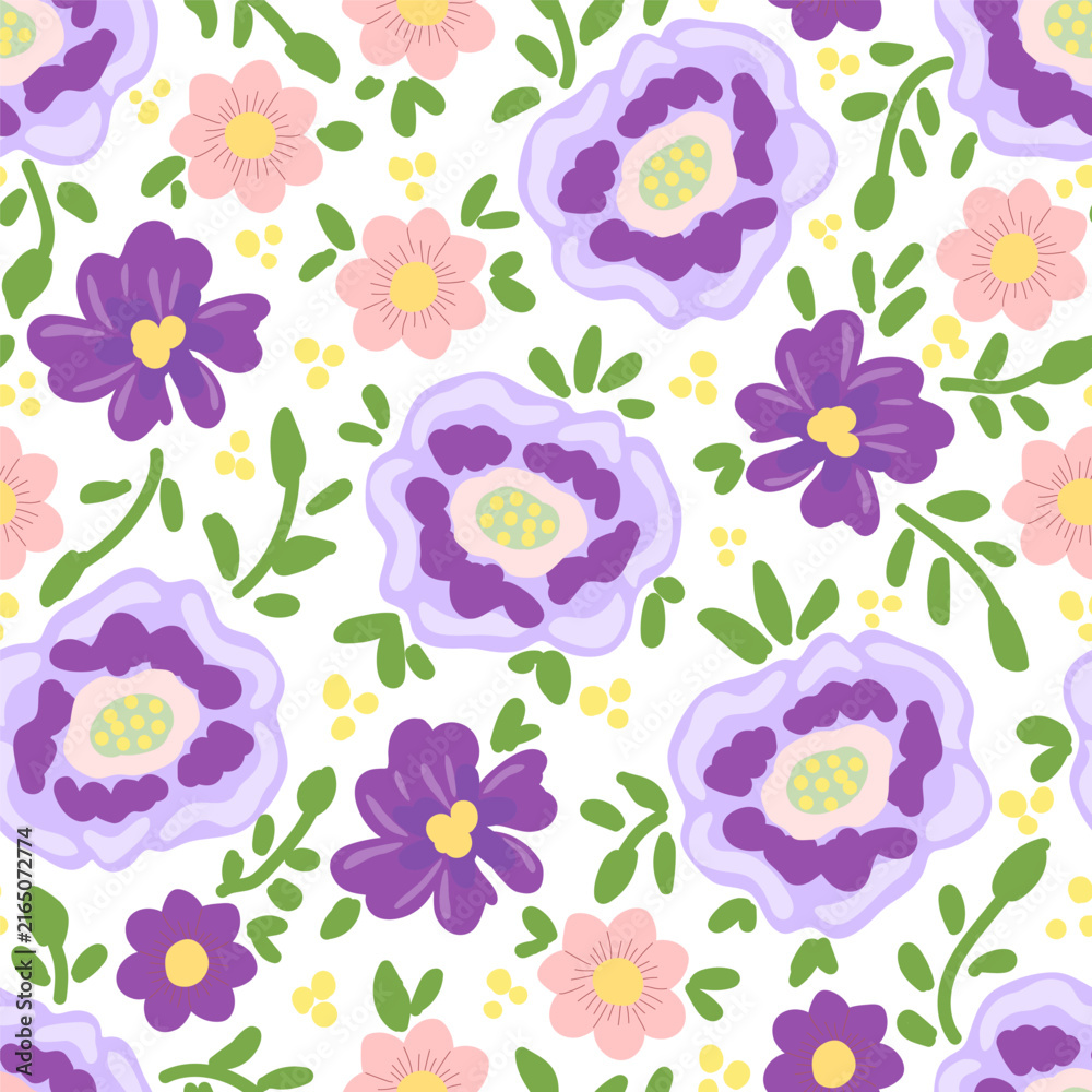 Fototapeta premium Cute, delicate floral vector seamless pattern. Purple and pink flowers, green leaves on a white background. Suitable for fabric prints and textile products.