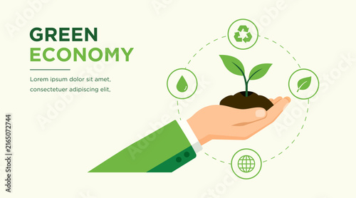 Foto Green economy concept showing a hand holding a growing plant with recycling, lea