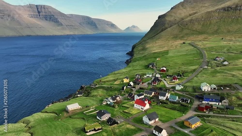 Aerial View of Funningur Village and Funningsfjørður, Faroe Islands