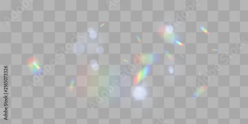 Set of colorful vector lenses and light flares with transparent effects. Iridescent crystal leak glare reflection effect. Optical rainbow lights, glare, leak, streak overlay. falling confetti.