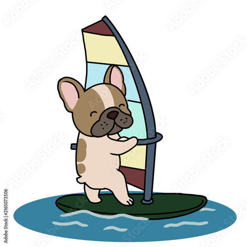 Cute Cartoon Dog Windsurfing on a Sailboard, Fun Water Sport Illustration