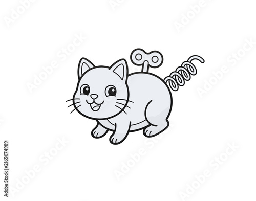 Quadro su tela Cute cartoon cat toy with a wind-up key and coiled spring tail, isolated on whit