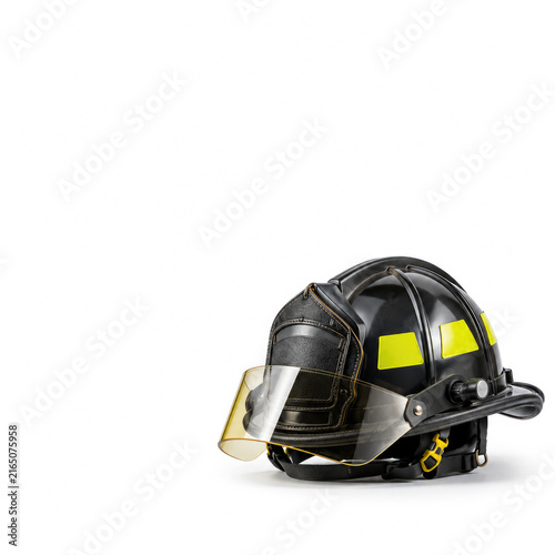 Modern Firefighter Helmet with Protective Face Shield Isolated on White Background with Copy Space