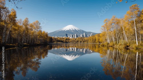 Autumn Forest Lake Reflections with Snow Mountain Backdrop.