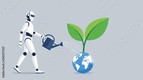 Futuristic robot watering green plant growing from earth globe concept sustainable technology development