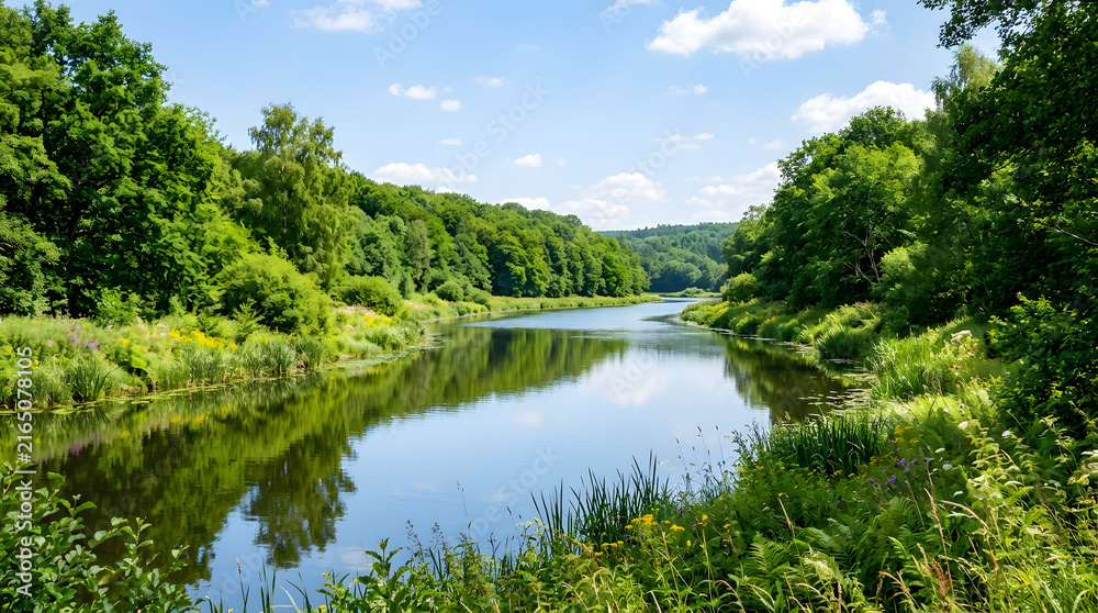 Fototapeta premium A serene river flowing through a lush green forest on a bright sunny day.