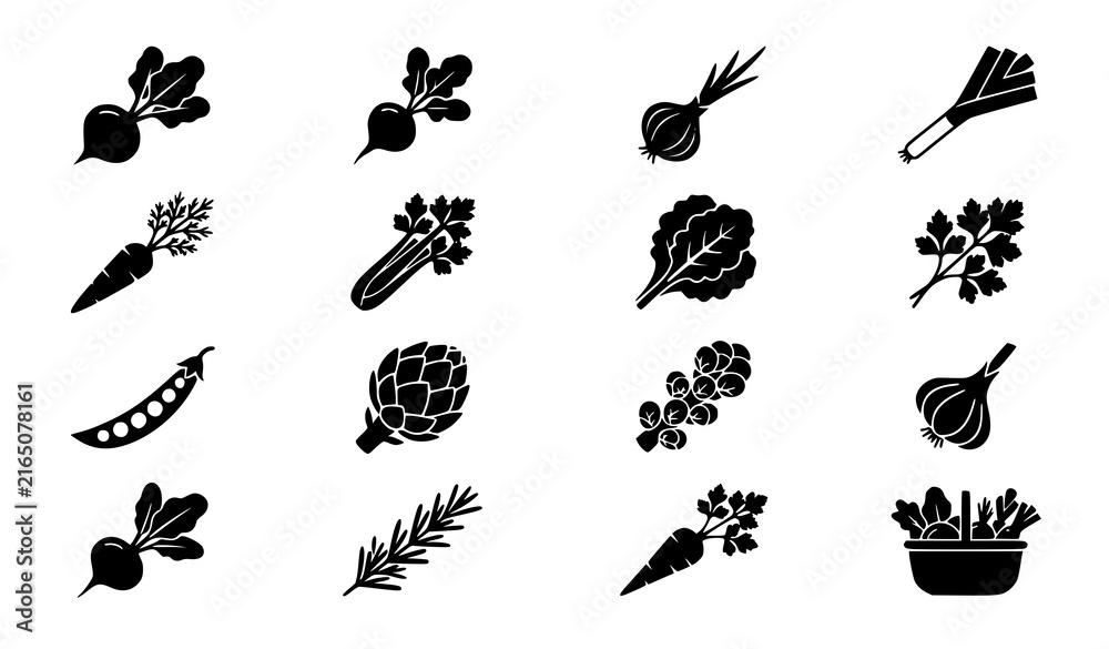 Fototapeta premium Hand Drawn Vegetable and Botanical Icon Set with Radishes, Carrots, Peas, Garlic, Leaves, Berries and Potted Plants