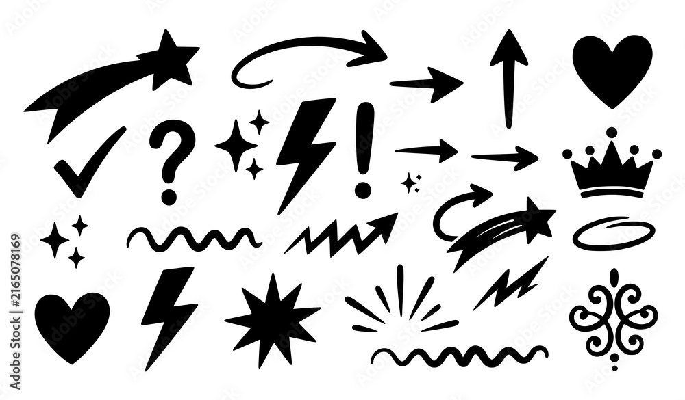 Fototapeta premium Bold Hand Drawn Doodle Symbol Set with Arrows, Stars, Hearts, Lightning, Crown, Sparkles, Waves and Decorative Accent Elements