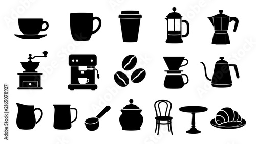 Black coffee icons set featuring various brewing equipment cups and objects
