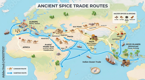 Ancient Spice Trade Routes Map Infographic showing Maritime and Caravan Paths