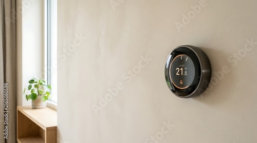 Sleek smart thermostat displaying optimal room temperature on a minimalist wall in a contemporary home environment