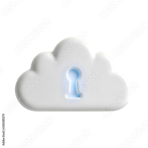 3D White Glossy Cloud Security Icon with Keyhole for Data Protection, Isolated on White, Transparent Background