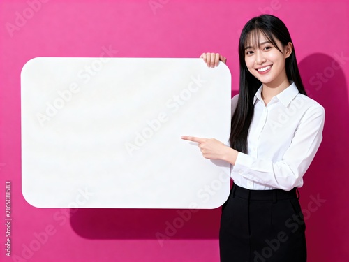 Smiling Woman Pointing At Blank White Sign Board On Pink Background For Business Presentation

