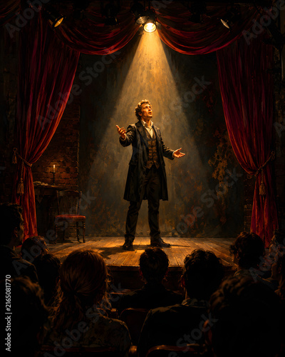 Dramatic Actor Performing Monologue on Theater Stage