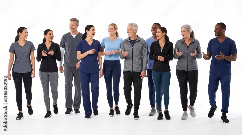 Fototapeta premium Diverse group of healthcare workers walking together in professional medical scrubs and uniforms