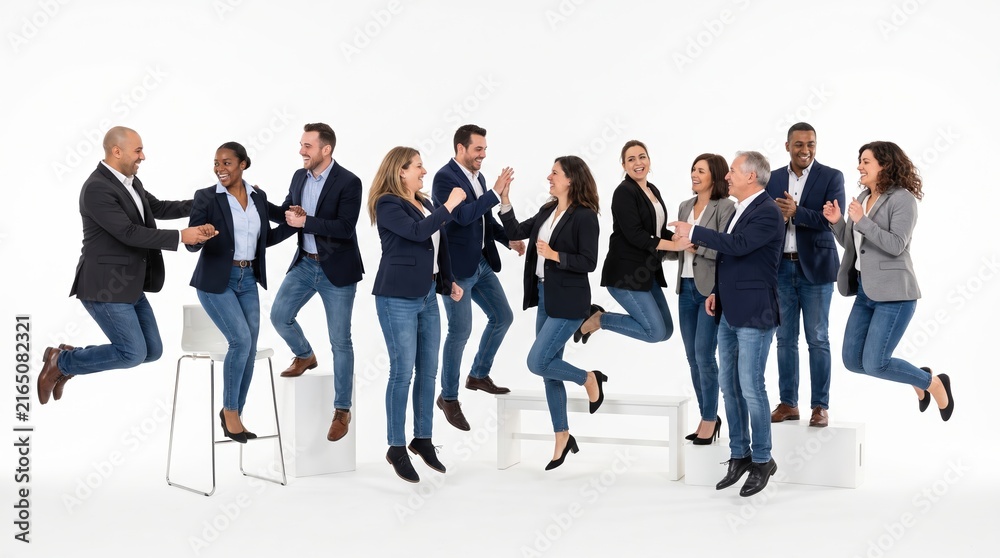Obraz premium Diverse business team jumping and celebrating success in professional office attire