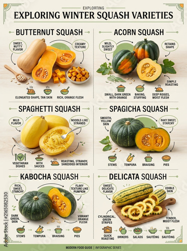 Educational Infographic of Winter Squash Varieties with Cooking Tips and Flavor Profiles