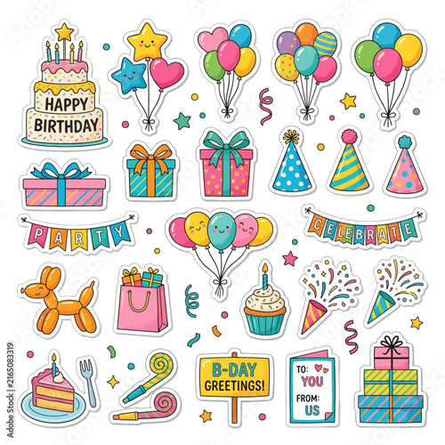 Colorful Birthday Celebration Party Decorations and Festive Items.