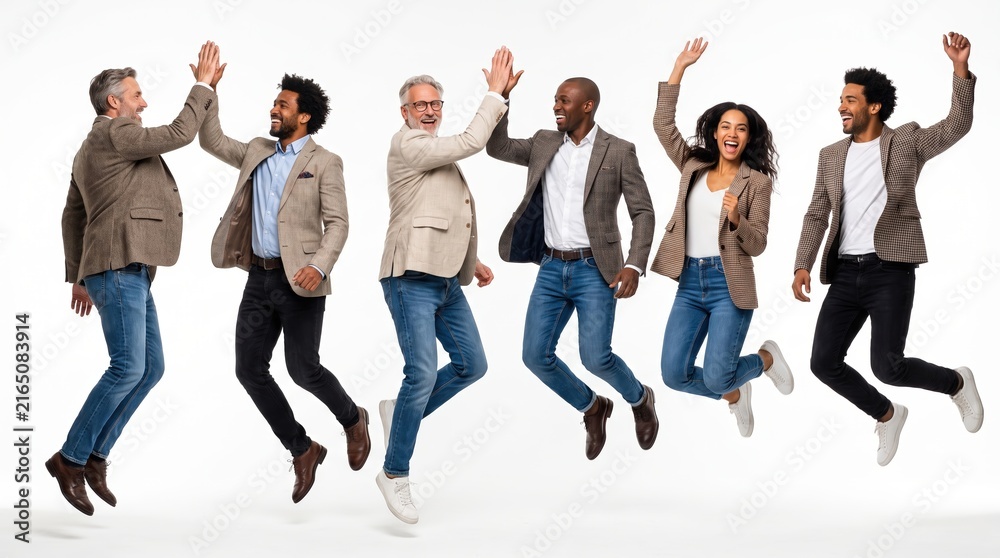Obraz premium Diverse business team jumping in celebration of corporate success and teamwork victory