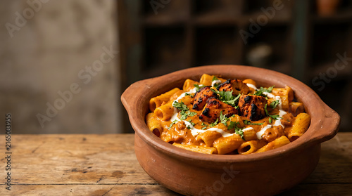 Close-up of rigatoni pasta in butter sauce with herbs and vegetables