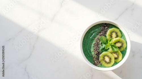 Healthy Green Smoothie Bowl with Kiwi and Chia Seeds