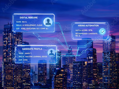 AI Recruitment Technology with Digital Resumes and Candidate Profile Icons Over Cityscape, Automated Hiring, Machine Learning, Talent Acquisition and Future HR Concept