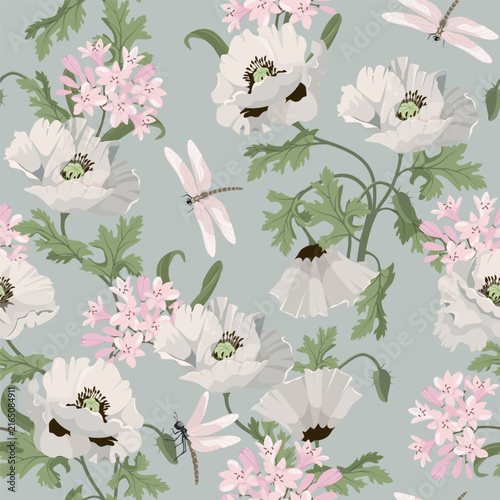 White poppies and dragonflies against a gray background. A summery and seamless vector illustration that would be perfect for decorating textiles and packaging.