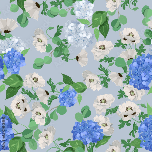 Delicate poppies and hydrangea, combine to create a stunning vector illustration that would be perfect for decorating textiles or packaging.