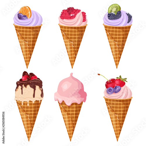 A delicious set of ice cream, sweet treat with a variety of flavors, including berries, fruits, and chocolate, on an isolated background. A vector illustration.