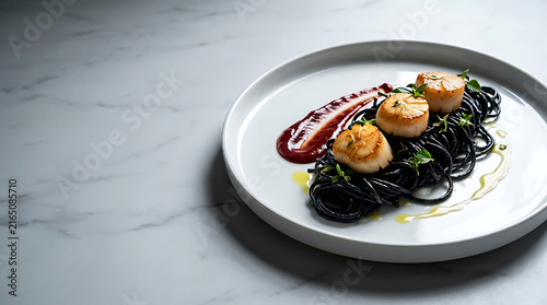 Elegant squid ink spaghetti with scallops on white plate