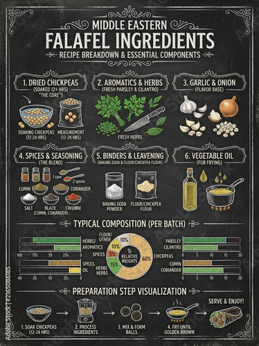 Middle Eastern Falafel Recipe Ingredients Infographic on Chalkboard