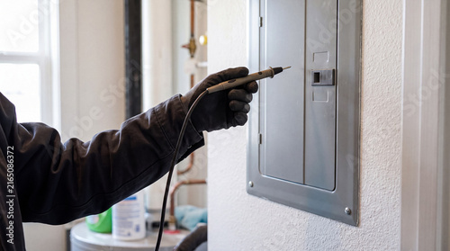 Obraz na plátně Close-up of a gloved hand using an electrical tester pen to check a gray residential circuit breaker panel for safety