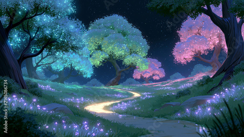 Whimsical Night Forest Scene with Bright Floral Lights and Curving Trail