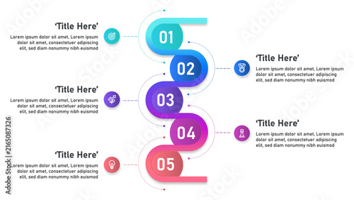 Modern vertical infographic design featuring five colorful numbered circular steps arranged in a clean wavy layout for business data presentation