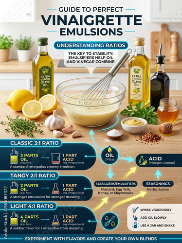 Guide to Perfect Vinaigrette Emulsions Infographic with Ratios and Healthy Ingredients