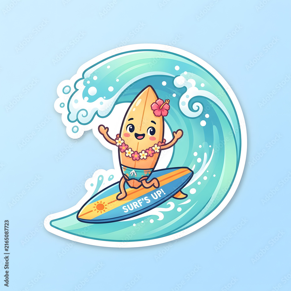 Naklejka premium Cute Kawaii Surfboard Character Riding a Big Ocean Wave Summer Beach Adventure Sticker Illustration