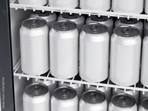 Blank beverage cans on refrigerator shelf mockup